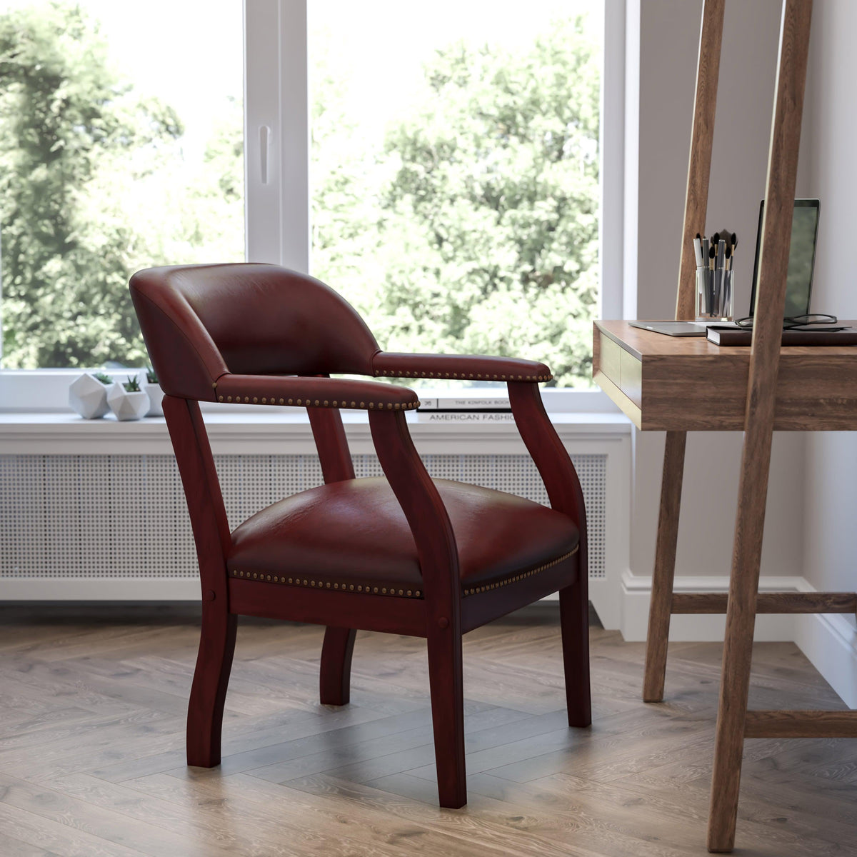 Oxblood Vinyl |#| Oxblood Vinyl Luxurious Conference Chair with Accent Nail Trim - Library Chair