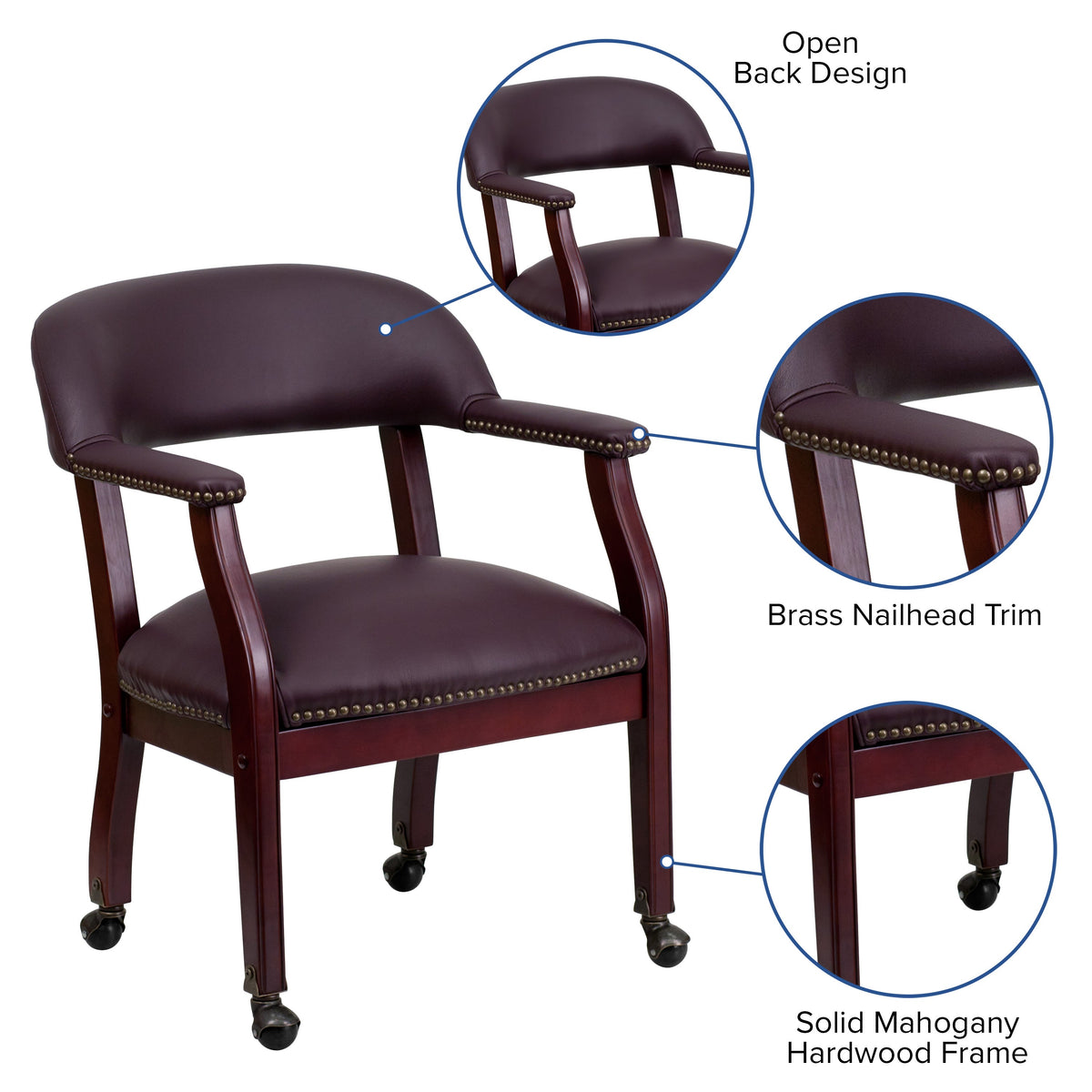 Burgundy LeatherSoft |#| Burgundy LeatherSoft Conference Chair w/Accent Nail Trim &Casters - Side Chair