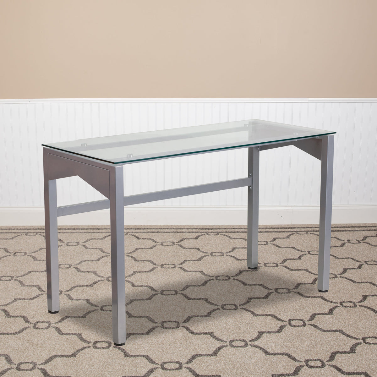 Contemporary Clear Tempered Glass Desk with Geometric Sides and Silver Frame