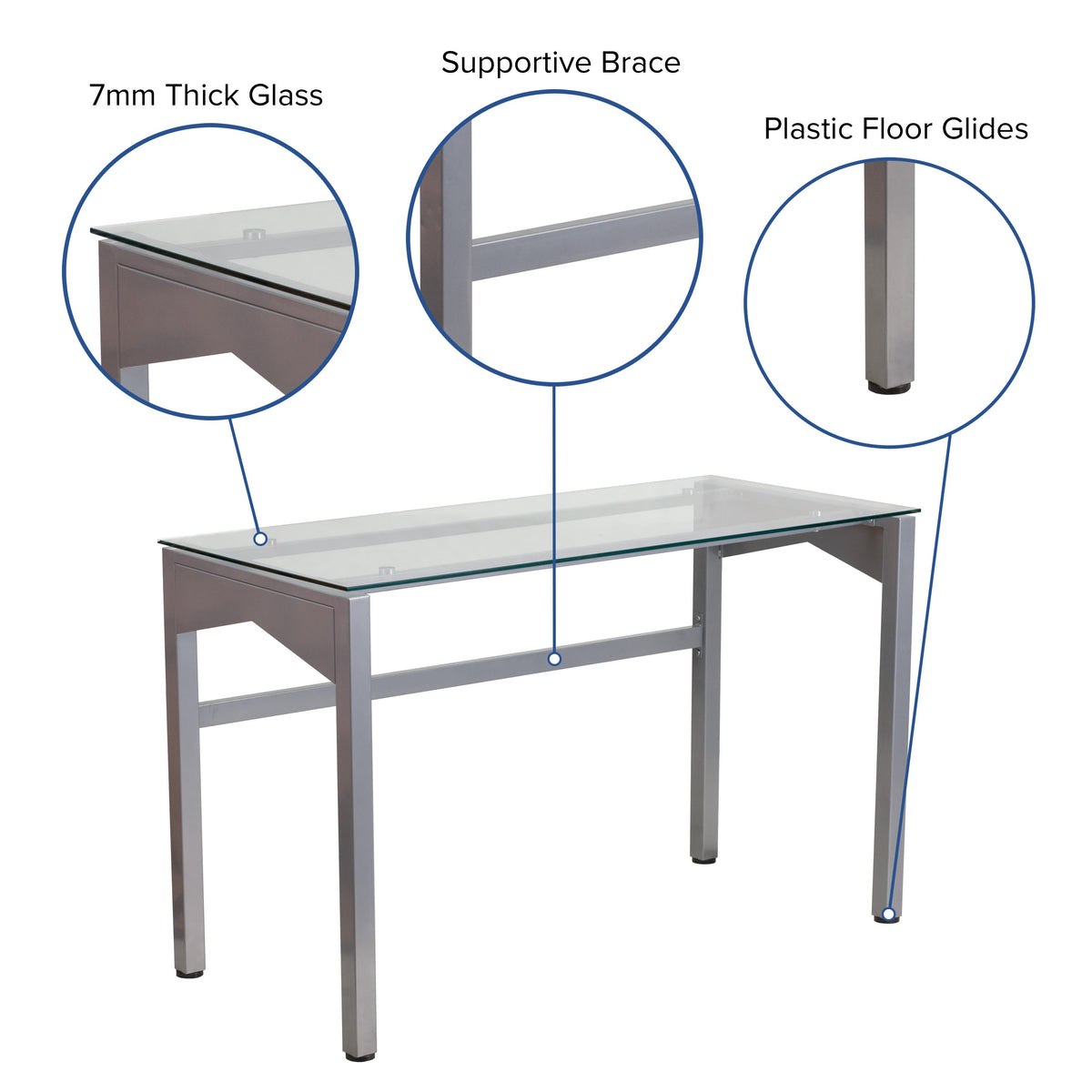 Contemporary Clear Tempered Glass Desk with Geometric Sides and Silver Frame