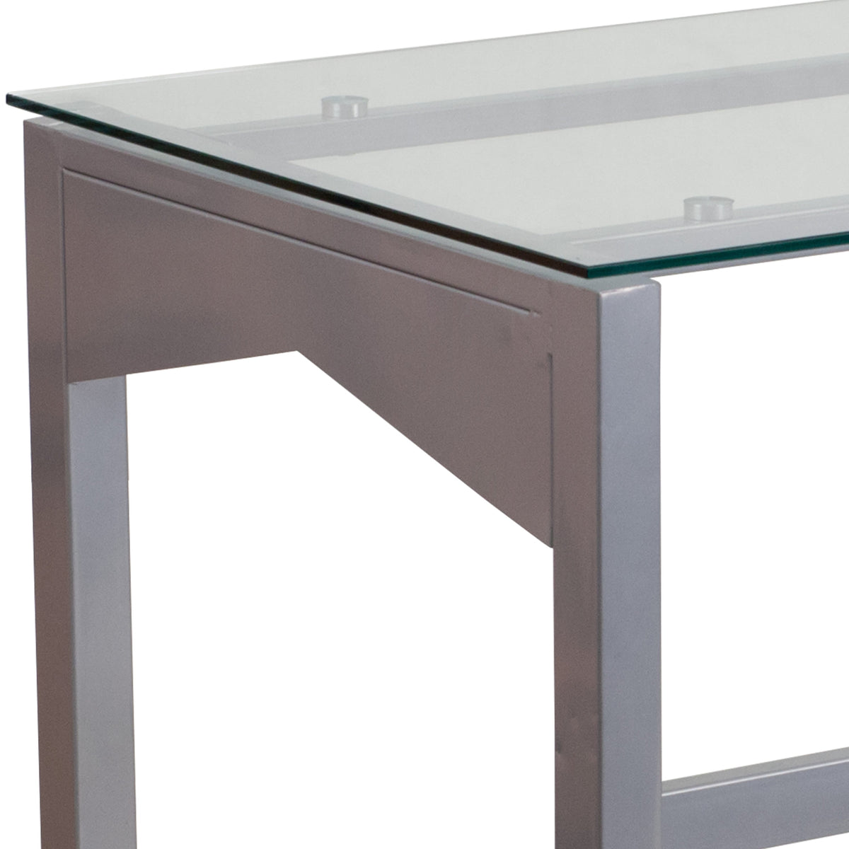 Contemporary Clear Tempered Glass Desk with Geometric Sides and Silver Frame