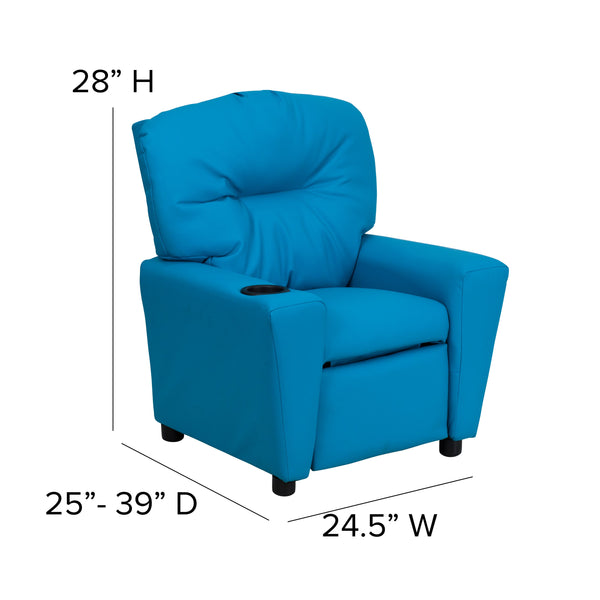 Turquoise Vinyl |#| Contemporary Turquoise Vinyl Kids Recliner with Cup Holder - Hardwood Frame