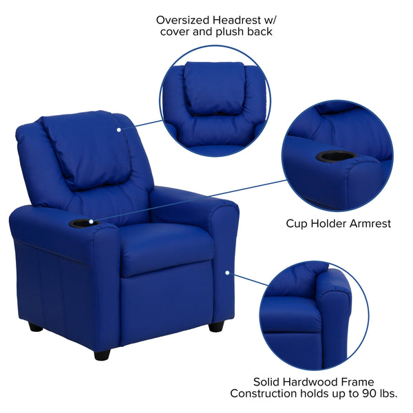 Blue Vinyl |#| Contemporary Blue Vinyl Kids Recliner with Cup Holder and Headrest
