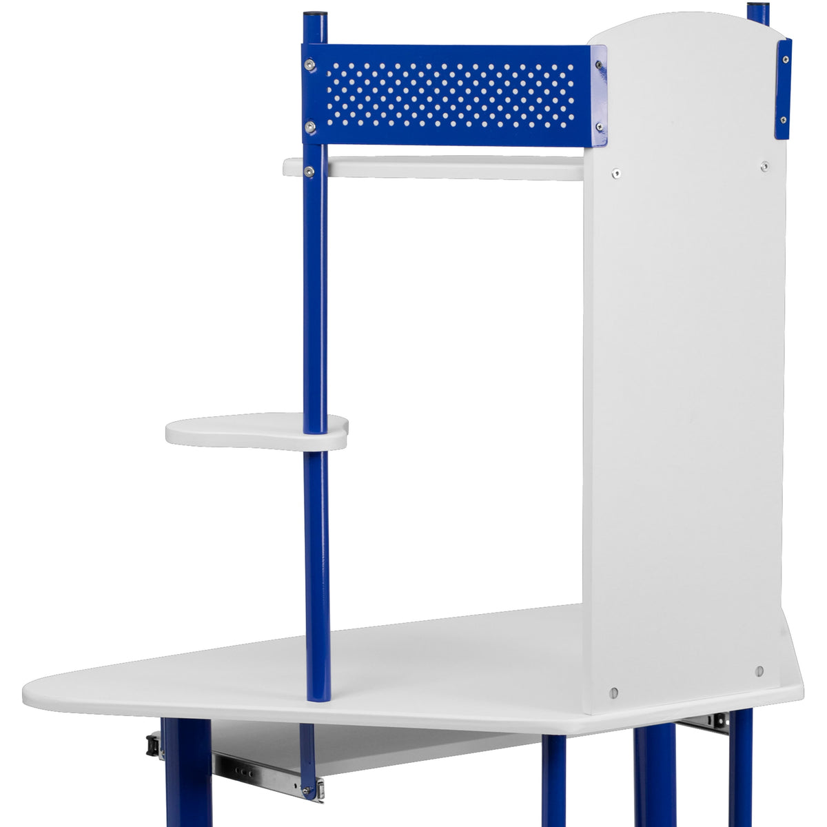 White/Blue |#| Blue Corner Computer Desk with Integrated Hutch and Pull-Out Keyboard Platform