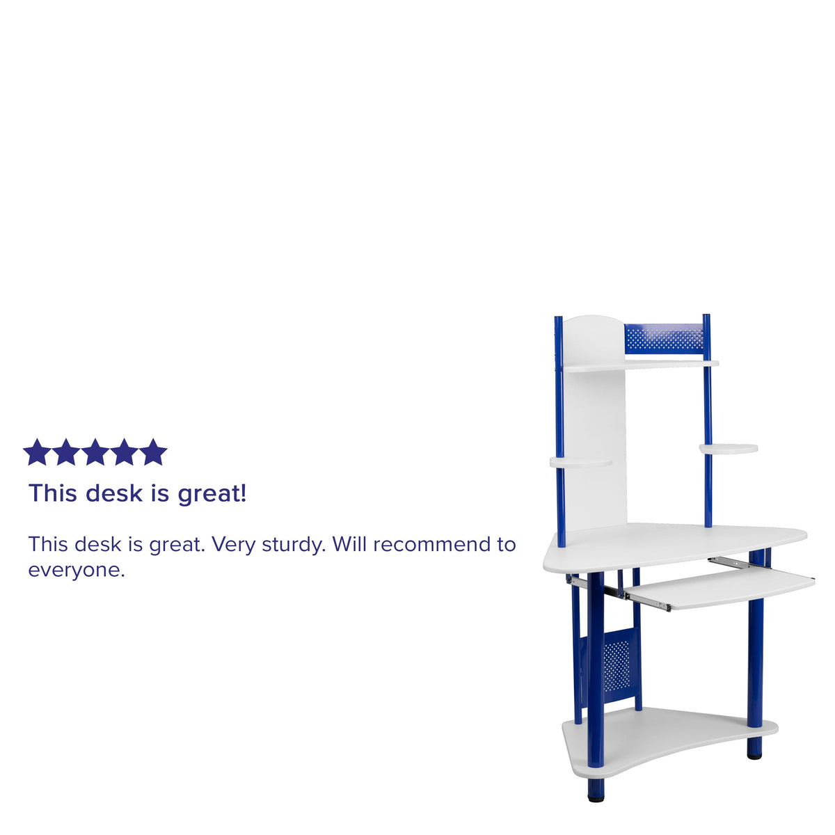 White/Blue |#| Blue Corner Computer Desk with Integrated Hutch and Pull-Out Keyboard Platform