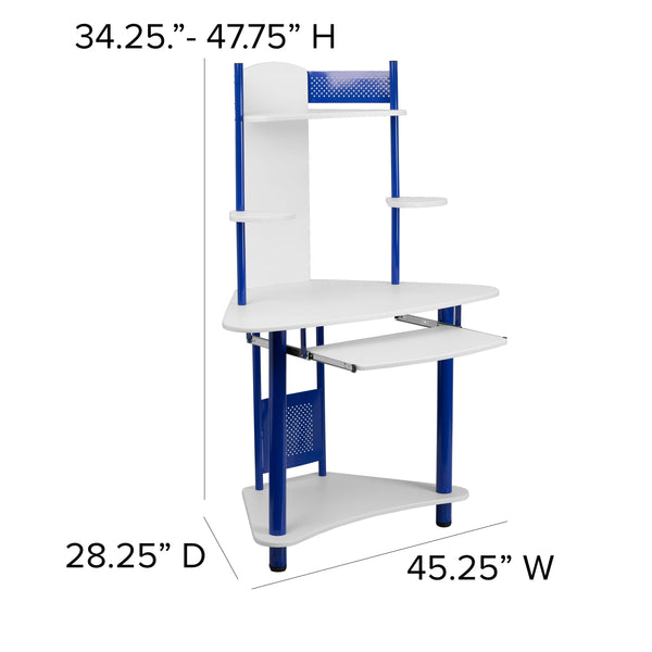 White/Blue |#| Blue Corner Computer Desk with Integrated Hutch and Pull-Out Keyboard Platform