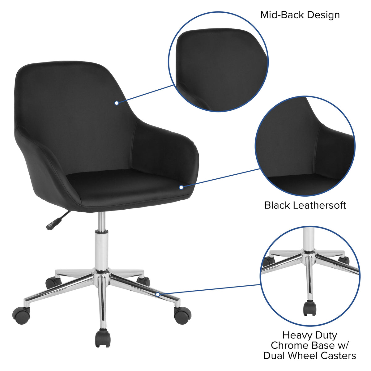 Black LeatherSoft |#| Home & Office Mid-Back Black LeatherSoft Upholstered Swivel Chair