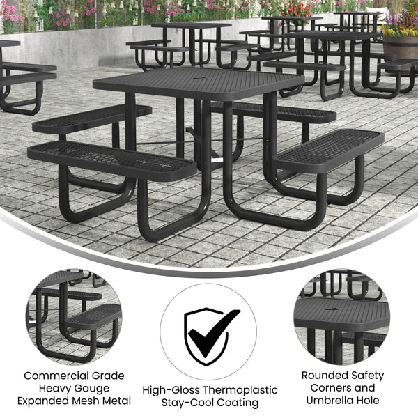 Black |#| Commercial Grade 46 Inch Square Expanded Mesh Metal Outdoor Picnic Table - Black