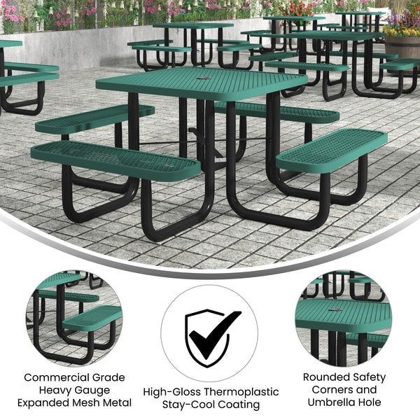 Green |#| Commercial Grade 46 Inch Square Expanded Mesh Metal Outdoor Picnic Table - Green