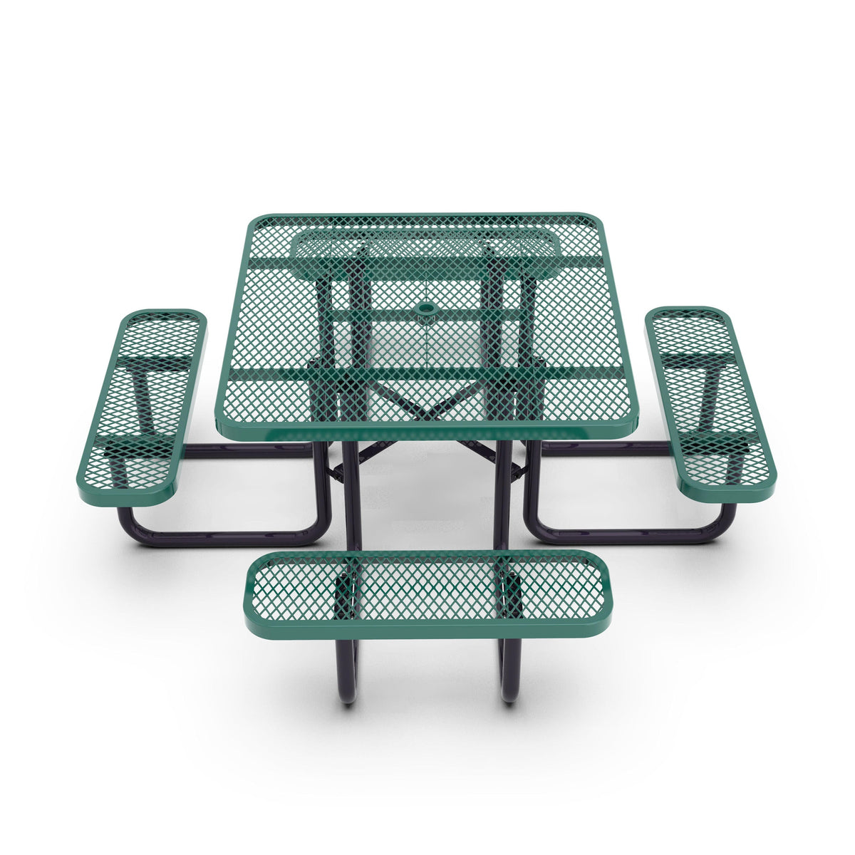 Green |#| Commercial 46 Inch Square Expanded Mesh Metal Picnic Table with Anchors - Green