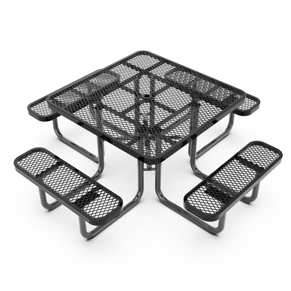 Black |#| Commercial 46 Inch Square Expanded Mesh Metal Picnic Table with Anchors - Black