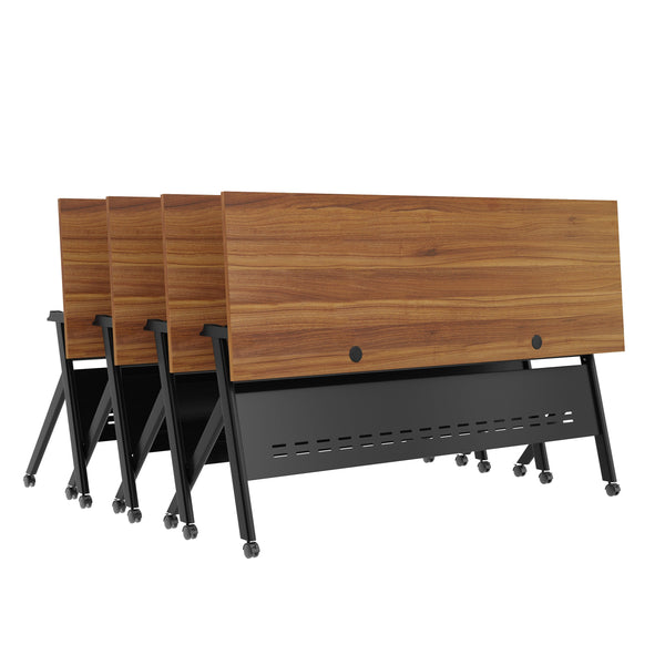 Walnut Top/Black Frame |#| Commercial Nesting Flip Training Table with Steel Frame and Y-Legs in Walnut/Blk