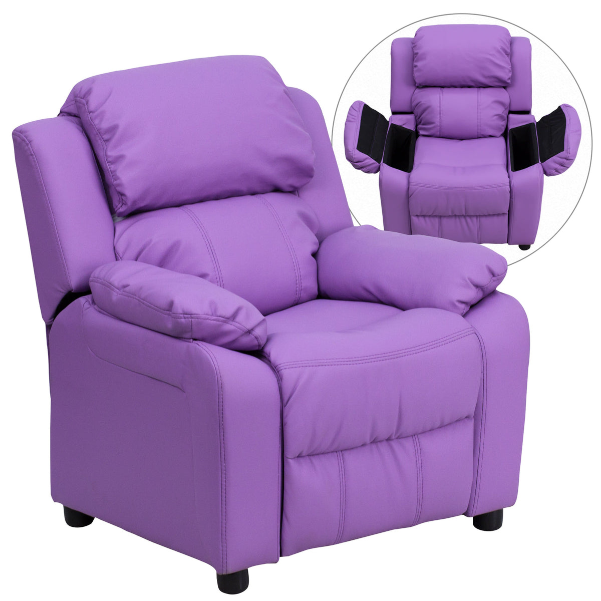 Lavender Vinyl |#| Deluxe Padded Contemporary Lavender Vinyl Kids Recliner with Storage Arms