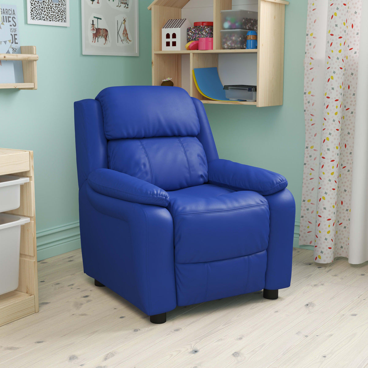 Blue Vinyl |#| Deluxe Padded Contemporary Blue Vinyl Kids Recliner with Storage Arms