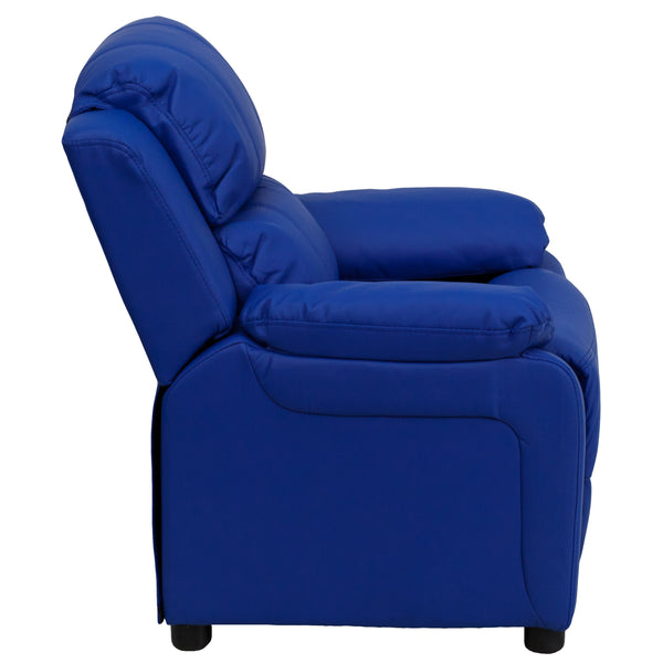 Blue Vinyl |#| Deluxe Padded Contemporary Blue Vinyl Kids Recliner with Storage Arms