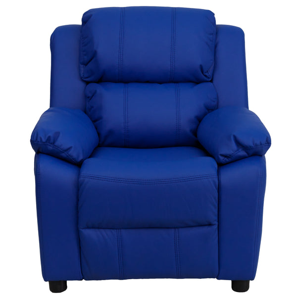 Blue Vinyl |#| Deluxe Padded Contemporary Blue Vinyl Kids Recliner with Storage Arms