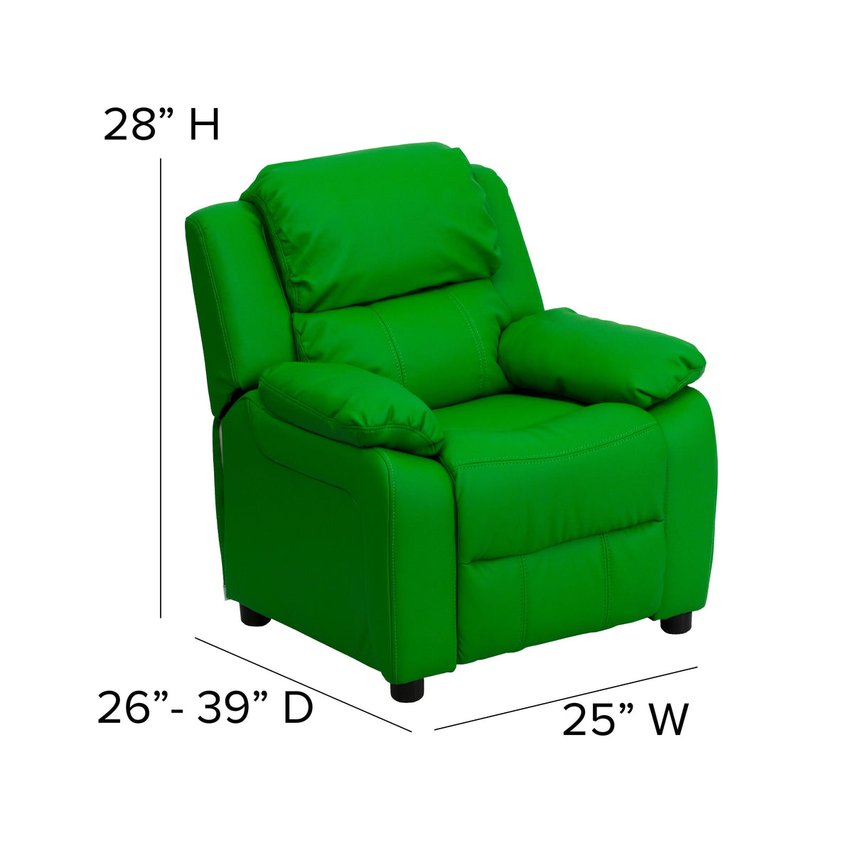 Green Vinyl |#| Deluxe Padded Contemporary Green Vinyl Kids Recliner with Storage Arms