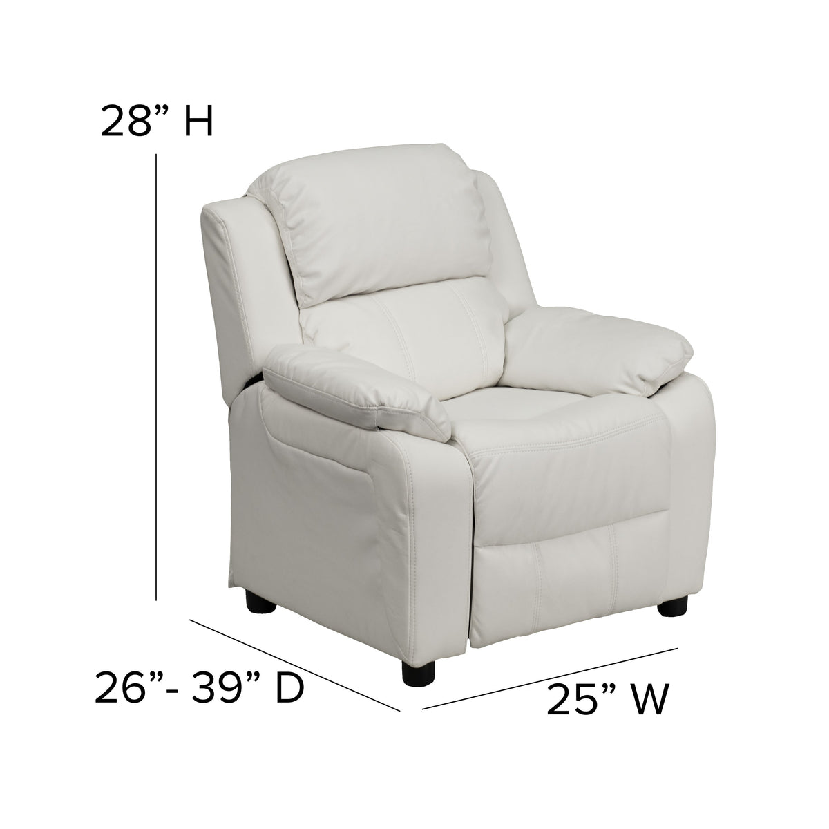 White Vinyl |#| Deluxe Padded Contemporary White Vinyl Kids Recliner with Storage Arms