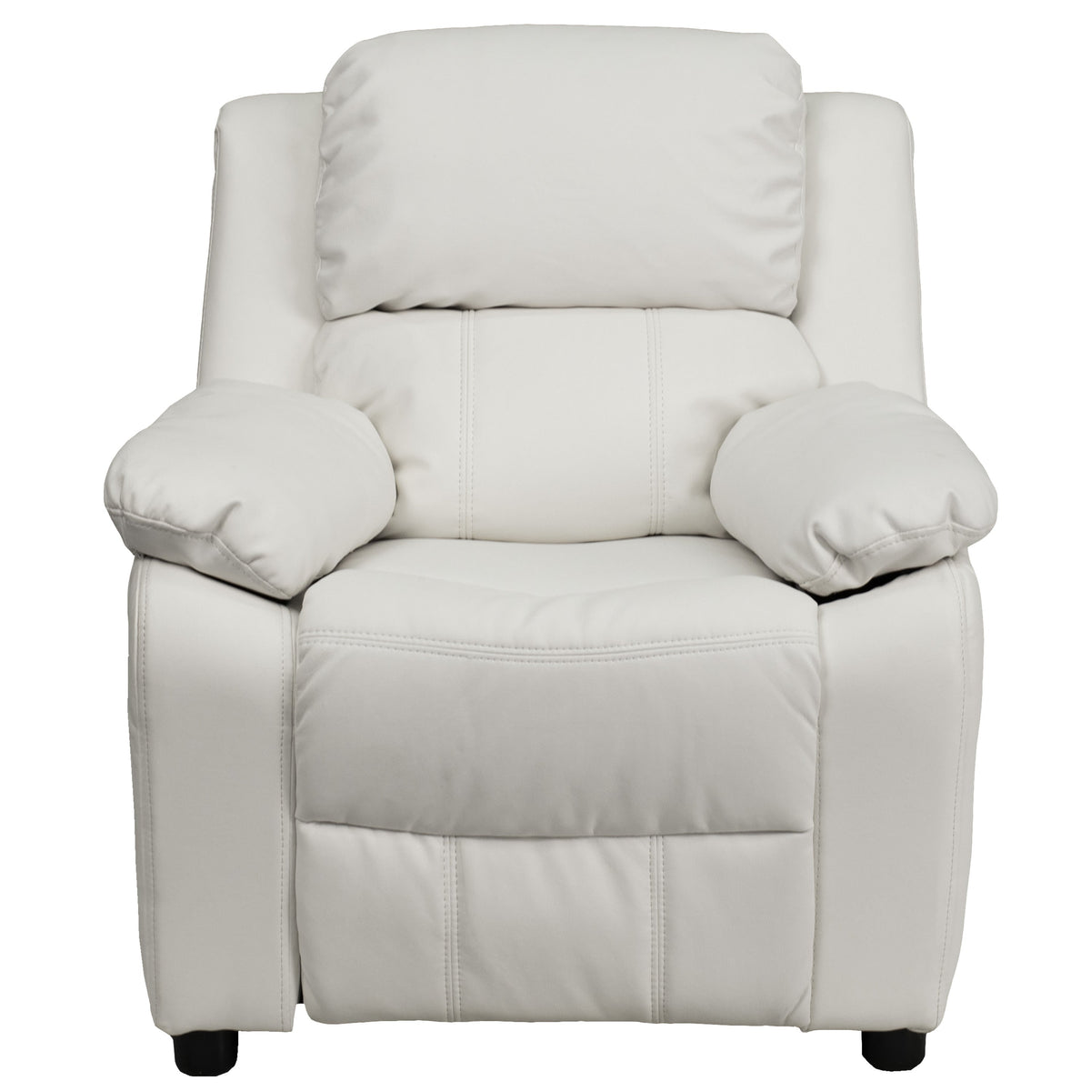 White Vinyl |#| Deluxe Padded Contemporary White Vinyl Kids Recliner with Storage Arms