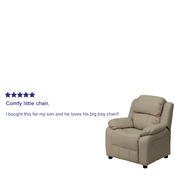 Beige Vinyl |#| Deluxe Padded Contemporary Beige Vinyl Kids Recliner with Storage Arms
