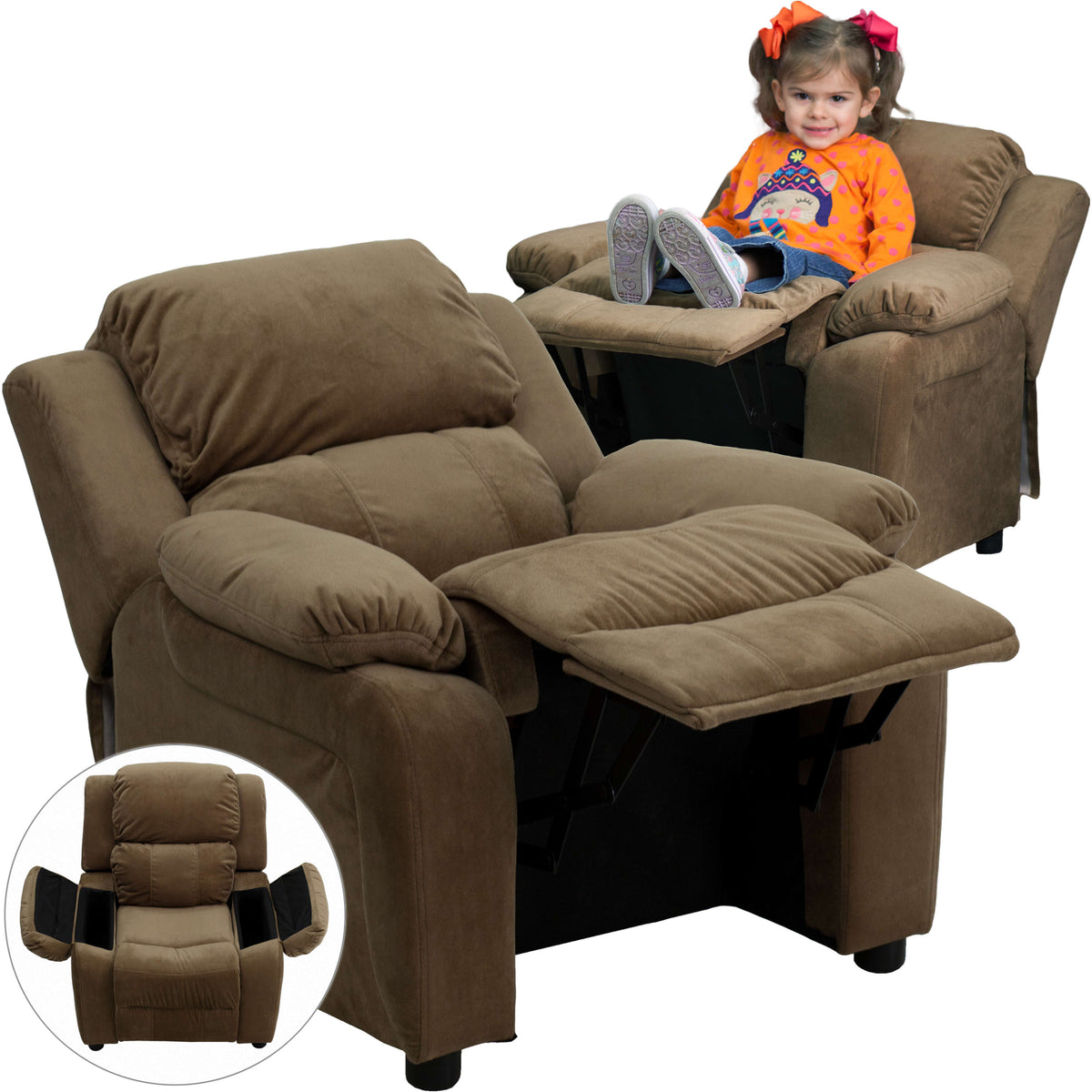 Brown Microfiber |#| Deluxe Padded Contemporary Brown Microfiber Kids Recliner with Storage Arms