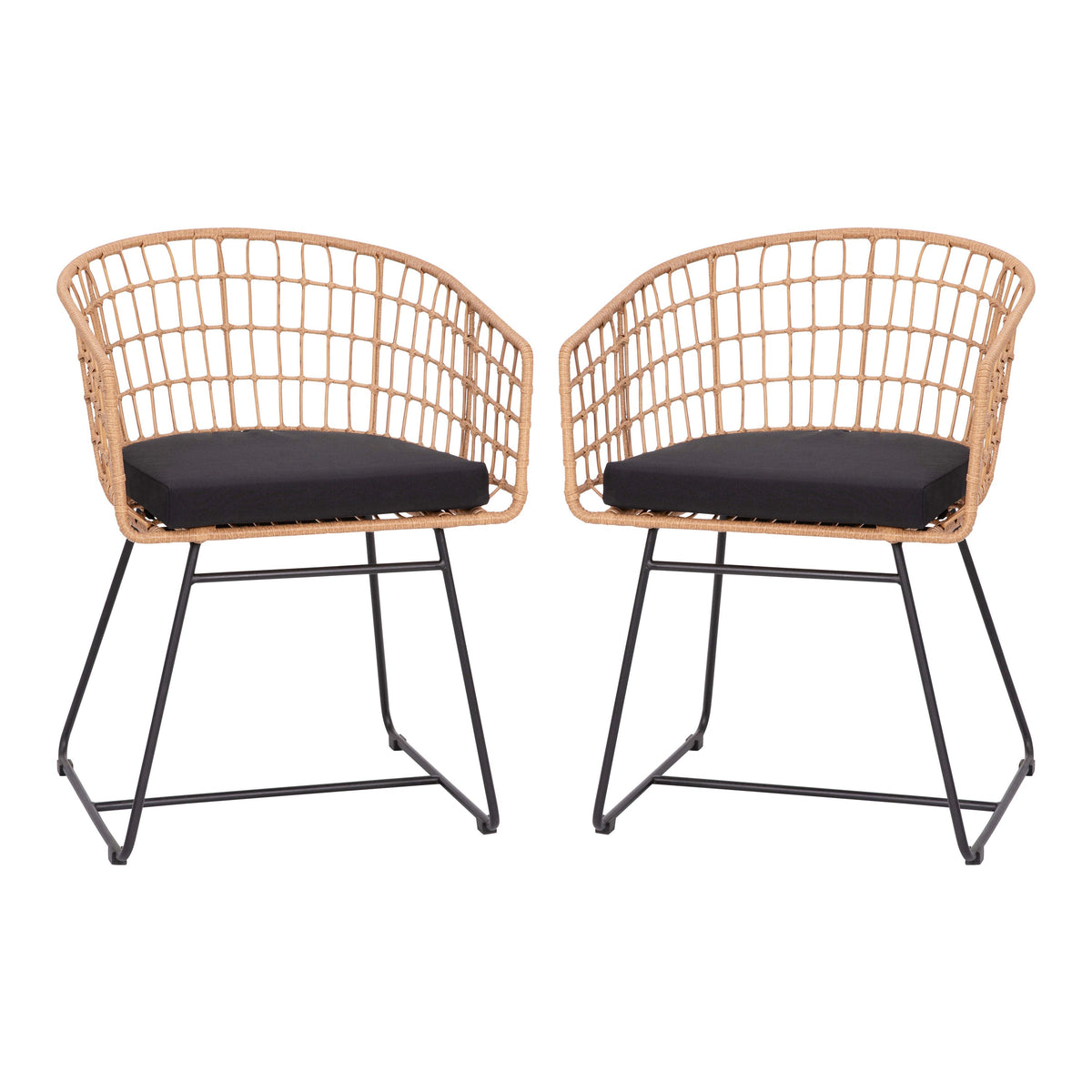 Black Cushion/Natural Frame |#| 2PK Indoor/Outdoor Natural Boho Rattan Rope Club Chairs-Black Seat Cushions