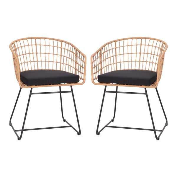 Black Cushion/Natural Frame |#| 2PK Indoor/Outdoor Natural Boho Rattan Rope Club Chairs-Black Seat Cushions