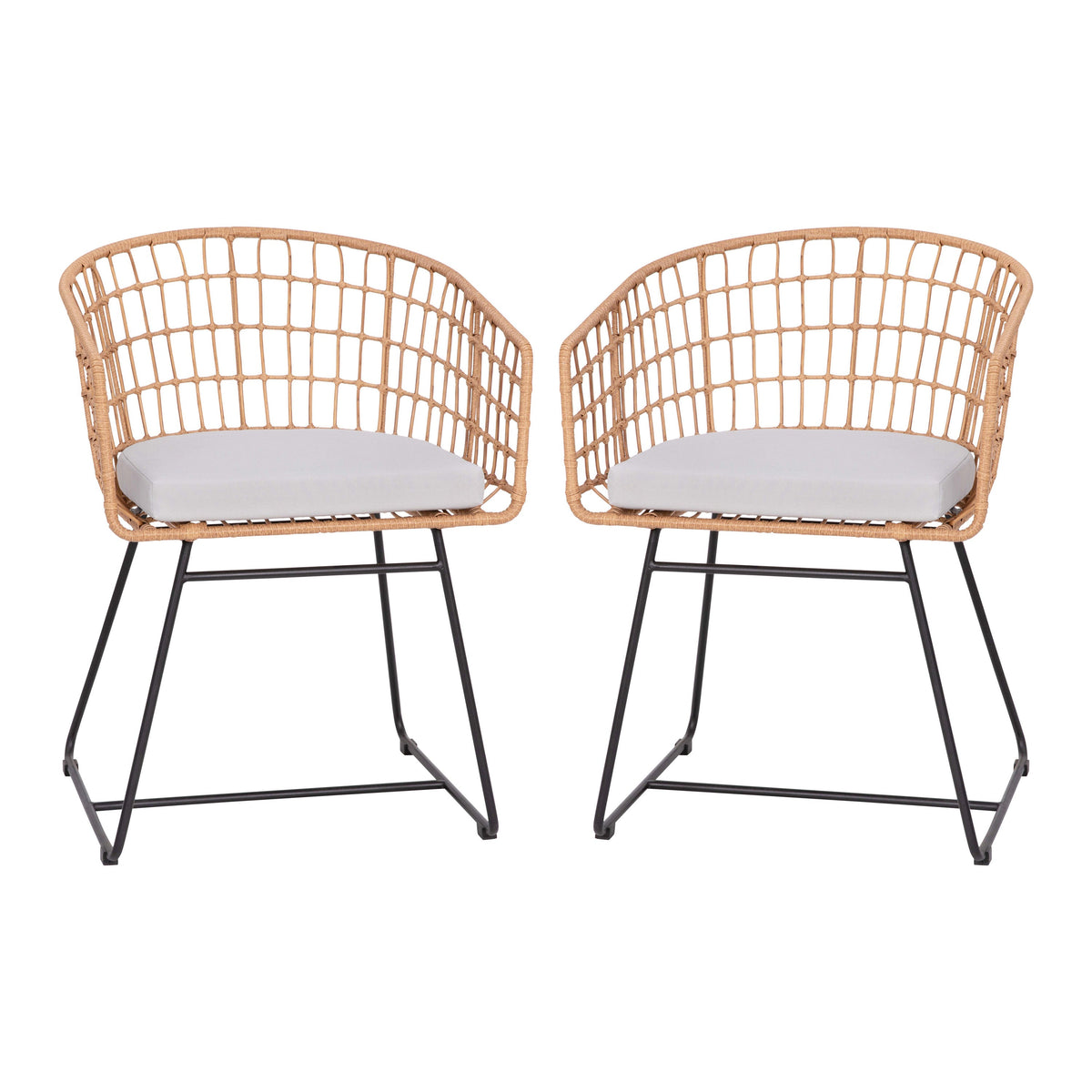 Light Gray Cushion/Natural Frame |#| 2PK Indoor/Outdoor Natural Boho Rattan Rope Club Chairs-Light Gray Seat Cushions