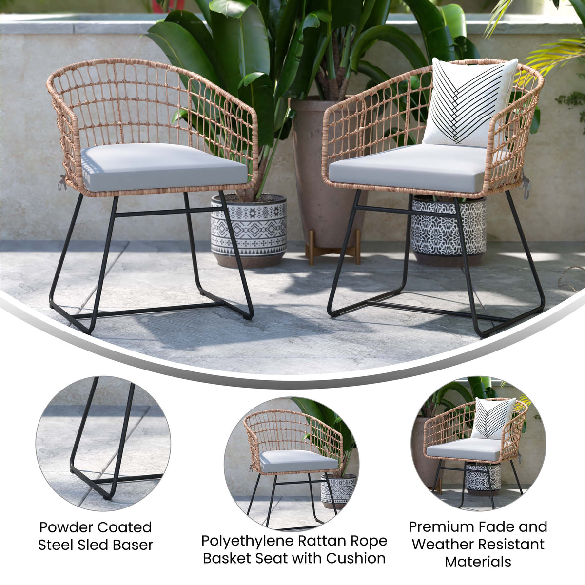 Light Gray Cushion/Natural Frame |#| 2PK Indoor/Outdoor Natural Boho Rattan Rope Club Chairs-Light Gray Seat Cushions