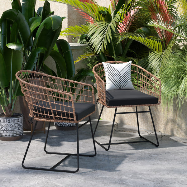 Black Cushion/Natural Frame |#| 2PK Indoor/Outdoor Natural Boho Rattan Rope Club Chairs-Black Seat Cushions