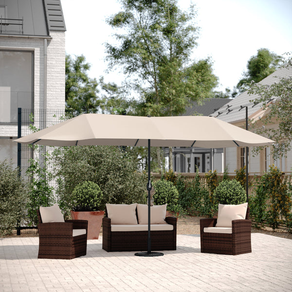 Tan |#| Tan Commercial 15 FT Triple Head Patio Umbrella with Crank and Tilt Functions