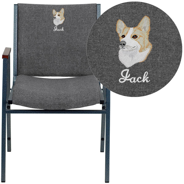 Gray Fabric |#| Embroidered Heavy Duty Gray Fabric Stack Chair with Arms - Reception Furniture