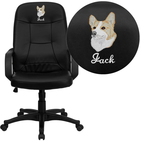 Embroidered High Back Black Glove Vinyl Executive Swivel Office Chair with Arms