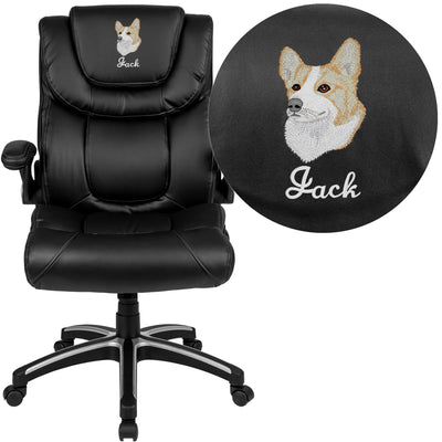Embroidered High Back LeatherSoft Executive Swivel Office Chair with Double Layered Headrest and Open Arms