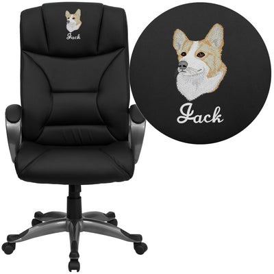 Embroidered High Back LeatherSoft Executive Swivel Office Chair with Lip Edge Base and Arms - View 1