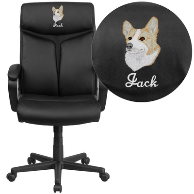 Embroidered High Back LeatherSoft Executive Swivel Office Chair with Slight Mesh Accent and Arms - View 1