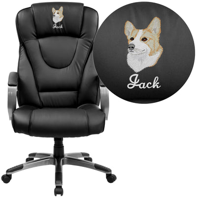 Embroidered High Back LeatherSoft Executive Swivel Office Chair with Titanium Nylon Base and Loop Arms