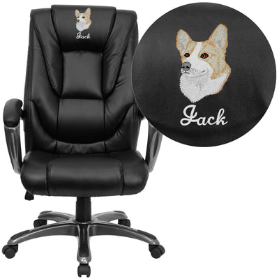 Embroidered High Back LeatherSoft Layered Upholstered Executive Swivel Ergonomic Office Chair with Smoke Metal Base and Padded Arms - View 1