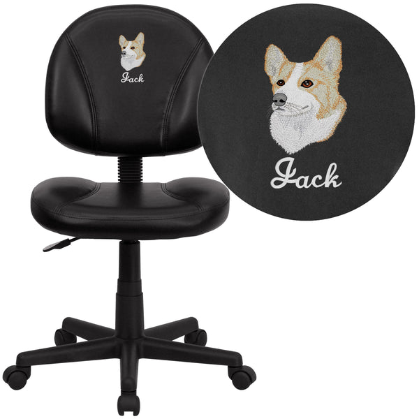 Embroidered Mid-Back Black LeatherSoft Swivel Ergonomic Office Adjustable Chair