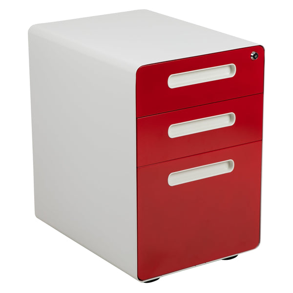 White and Red |#| Ergonomic 3-Drawer Mobile Locking Filing Cabinet-White with Red Faceplate