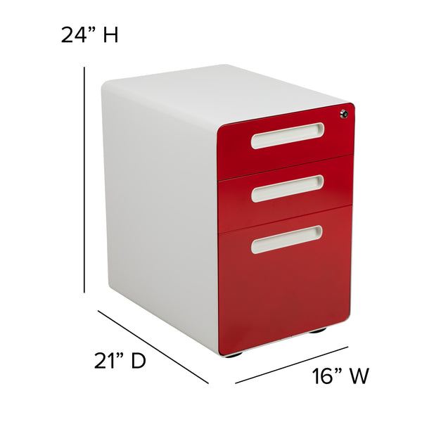 White and Red |#| Ergonomic 3-Drawer Mobile Locking Filing Cabinet-White with Red Faceplate