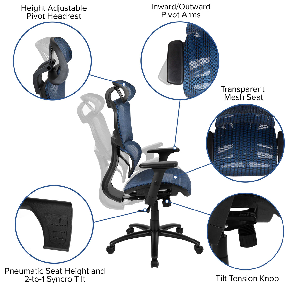 Blue |#| Ergonomic Blue Mesh Office Chair-Synchro-Tilt, Headrest, Adjustable Pivot Arms