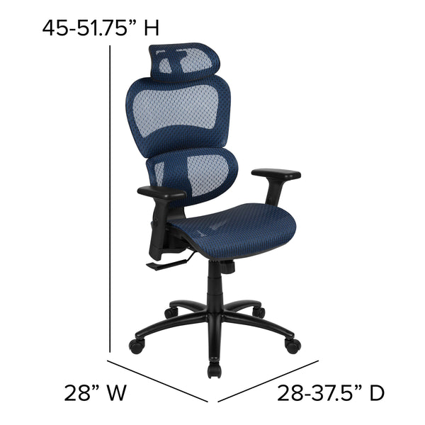 Blue |#| Ergonomic Blue Mesh Office Chair-Synchro-Tilt, Headrest, Adjustable Pivot Arms