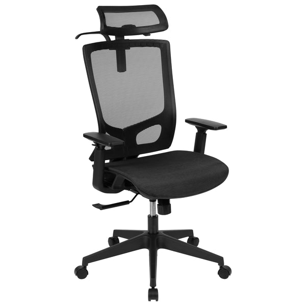 Black |#| Ergonomic Black Mesh Office Chair-Synchro-Tilt, Pivot Headrest, Adjustable Arms