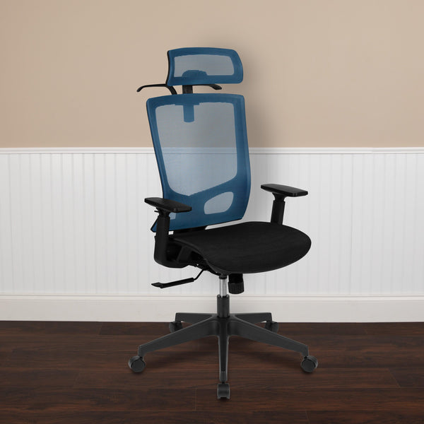 Blue |#| Ergonomic Blue/Black Mesh Office Chair-Synchro, Pivot Headrest, Adjustable Arms