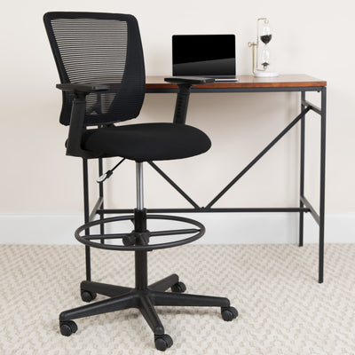 Ergonomic Mid-Back Mesh Drafting Chair with Fabric Seat, Adjustable Foot Ring and Arms