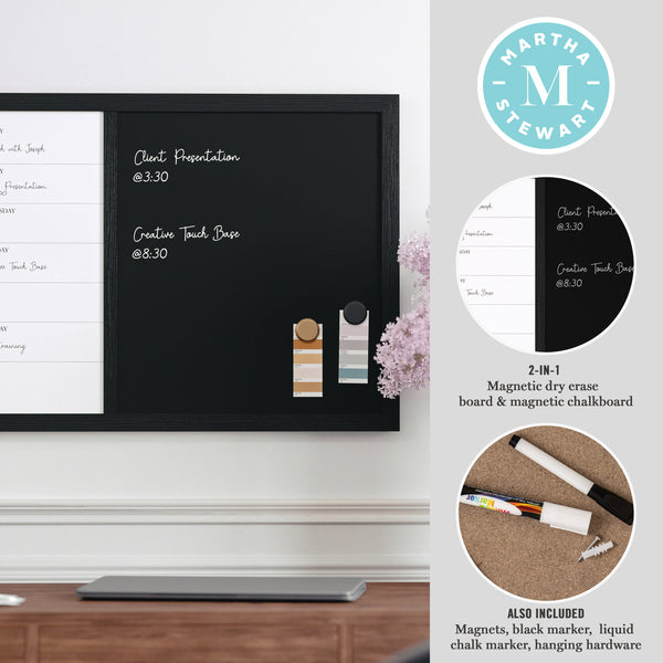 Black Woodgrain |#| Dry Erase Magnetic Weekly Calendar/Chalk Board - Black Woodgrain Frame - 24x18