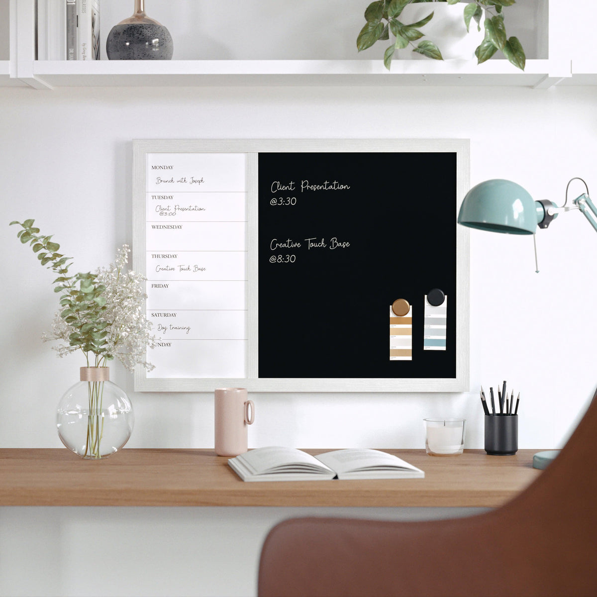 White Woodgrain |#| Dry Erase Magnetic Weekly Calendar/Chalk Board - White Woodgrain Frame - 24x18