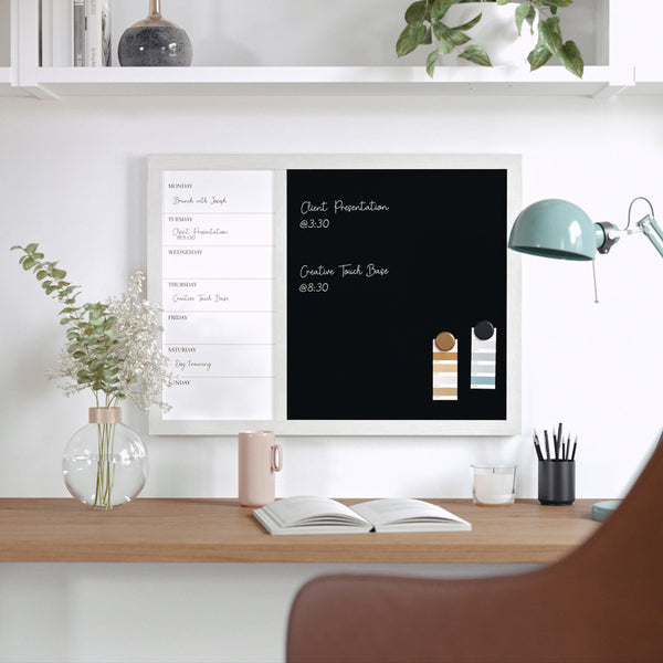 White Woodgrain |#| Dry Erase Magnetic Weekly Calendar/Chalk Board - White Woodgrain Frame - 24x18
