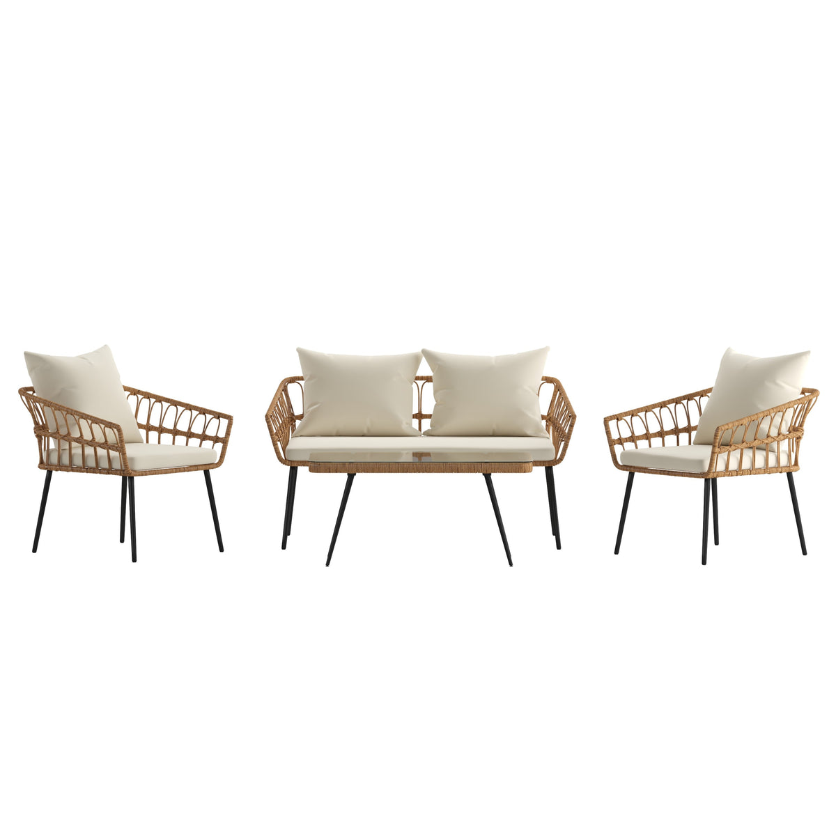 Cream Cushions/Natural Frame |#| All-Weather 4 Piece Rope Rattan Patio Seating Set with Cushions - Natural/Cream